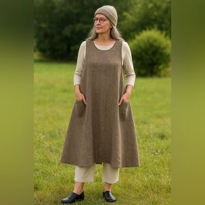 Lagenlook Linen-Blend Shift Dress‎ – Handmade Look Pockets Slit Back Fits M/L